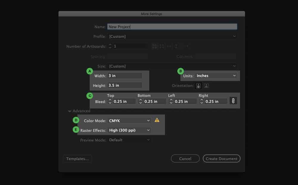 Adobe Illustrator Project Settings for Artboard